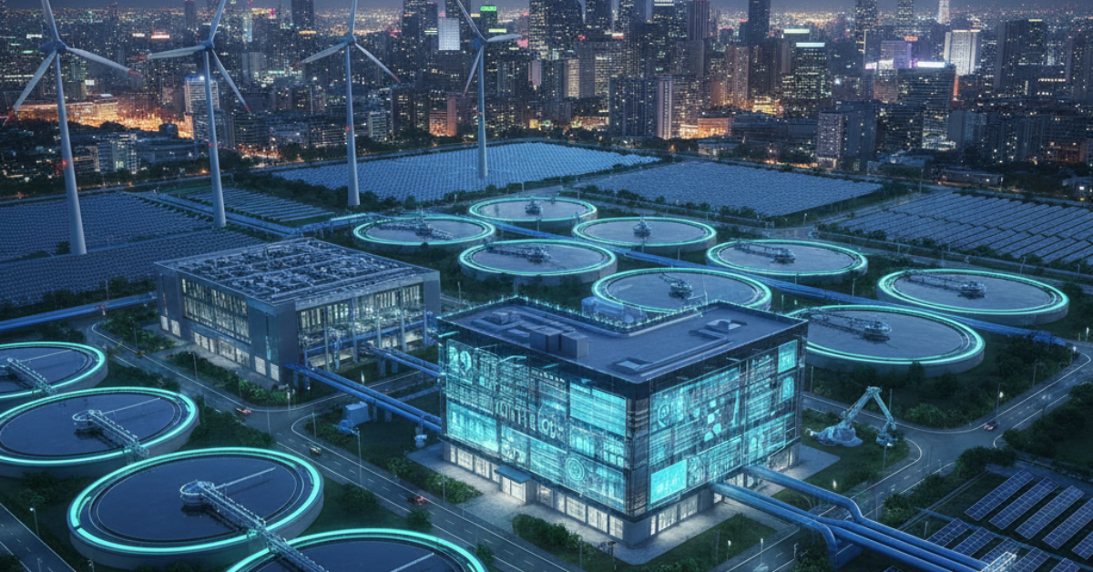 محطة ذكية تطبق تقنيات معالجة المياه الحديثة في بيئة حضرية ليلاً، تعمل بطاقة الرياح والألواح الشمسية مع إضاءة تقنية زرقاء للأحواض والمباني.