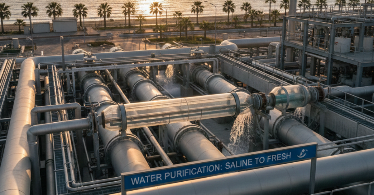 صورة تركز على التفاصيل الهندسية لأجهزة ومعدات تنقية المياه المالحة، حيث تظهر الأنابيب الأسطوانية الشفافة والوصلات المعدنية مع تدفق المياه تحت إضاءة الشمس الدافئة في بيئة ساحلية.