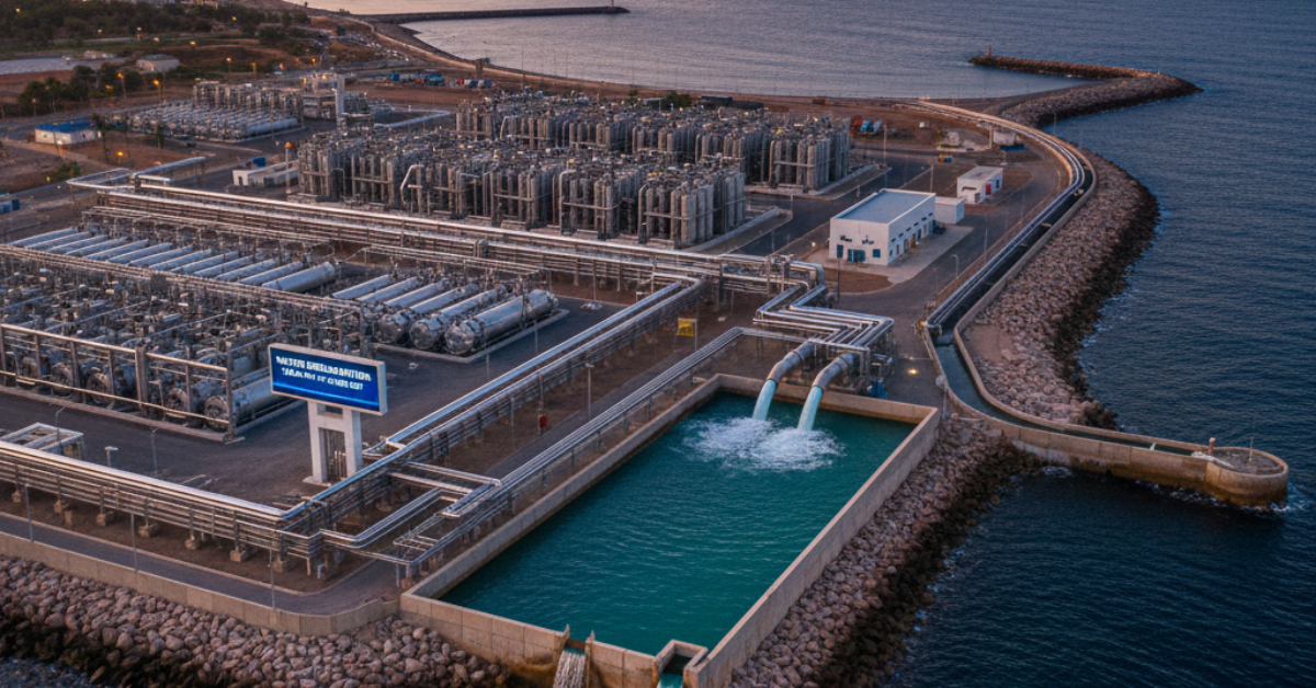 منظر علوي شامل لمنشأة صناعية كبرى مخصصة لعملية تنقية المياه المالحة تقع مباشرة على ساحل البحر، توضح البنية التحتية المعقدة للأنابيب والخزانات وأحواض المعالجة الممتدة على مساحة واسعة.