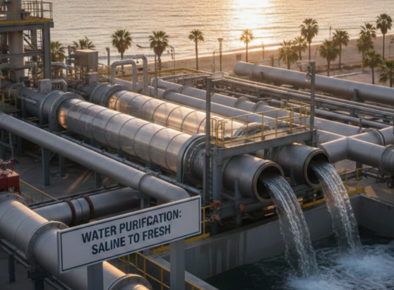 لقطة قريبة لأنابيب ضخمة في محطة تنقية المياه المالحة يتدفق منها الماء العذب إلى أحواض التجميع، مع ظهور لافتة مكتوب عليها "Water Purification: Saline to Fresh" وشاطئ البحر في الخلفية وقت الغروب.