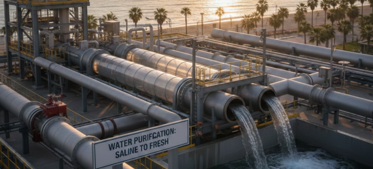 لقطة قريبة لأنابيب ضخمة في محطة تنقية المياه المالحة يتدفق منها الماء العذب إلى أحواض التجميع، مع ظهور لافتة مكتوب عليها "Water Purification: Saline to Fresh" وشاطئ البحر في الخلفية وقت الغروب.
