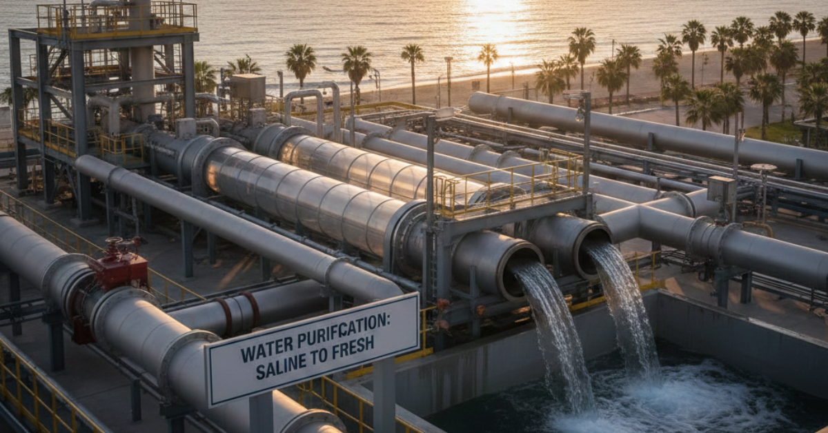 لقطة قريبة لأنابيب ضخمة في محطة تنقية المياه المالحة يتدفق منها الماء العذب إلى أحواض التجميع، مع ظهور لافتة مكتوب عليها "Water Purification: Saline to Fresh" وشاطئ البحر في الخلفية وقت الغروب.