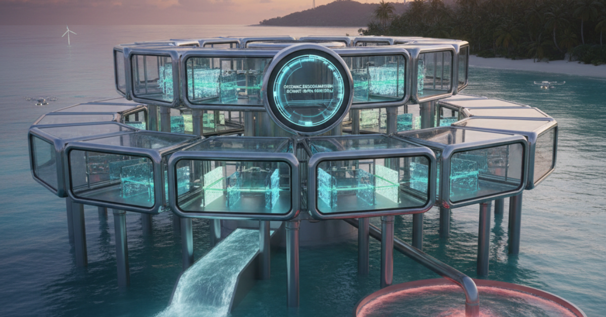 تصميم تخيلي مستقبلي لمحطة تنقية المياه المالحة دائرية الشكل ومقامة فوق سطح البحر، تتميز بهياكل زجاجية وإضاءة تقنية حديثة تعكس التطور في حلول استدامة المياه وتحويلها من مالحة إلى عذبة.