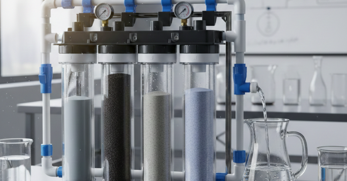 نموذج توضيحي لجهاز تنقية مياه الشرب منزلي يتكون من أربع مراحل فلترة مع خزان للمياه الخام وآخر للمياه النقية ووحدة تعقيم بالأشعة فوق البنفسجية في مختبر