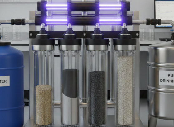 جهاز فلترة متطور متعدد المراحل لعملية تنقية مياه الشرب، تظهر فيه أسطوانات الفلاتر بوضوح مع عدادات قياس الضغط أثناء سكب المياه النقية في وعاء زجاجي.