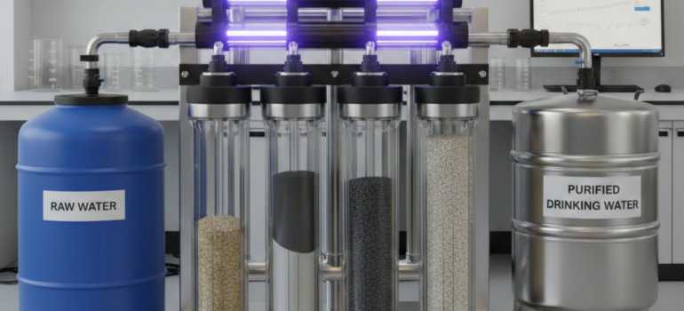 جهاز فلترة متطور متعدد المراحل لعملية تنقية مياه الشرب، تظهر فيه أسطوانات الفلاتر بوضوح مع عدادات قياس الضغط أثناء سكب المياه النقية في وعاء زجاجي.