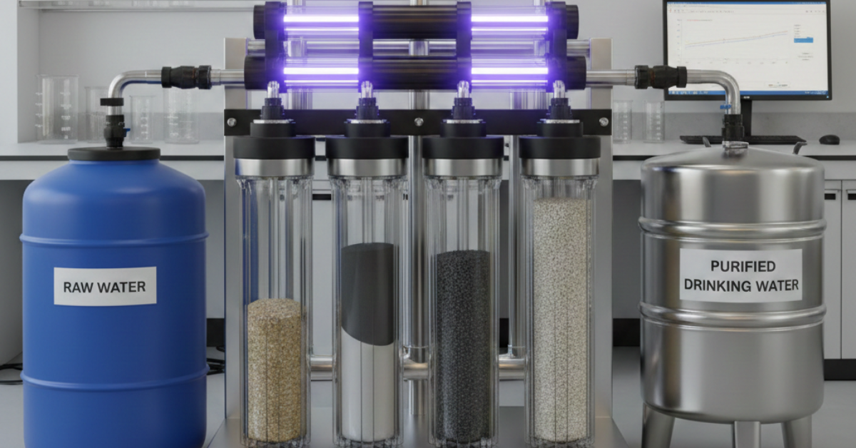 جهاز فلترة متطور متعدد المراحل لعملية تنقية مياه الشرب، تظهر فيه أسطوانات الفلاتر بوضوح مع عدادات قياس الضغط أثناء سكب المياه النقية في وعاء زجاجي.