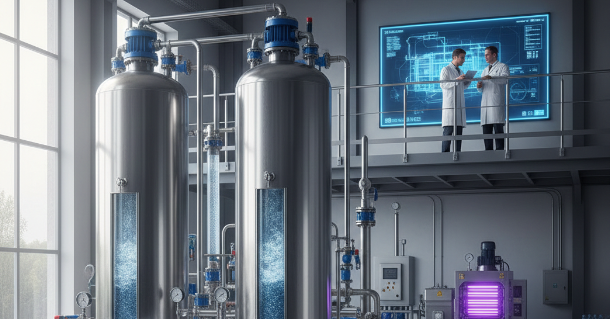 مهندسون يشرفون على نظام ذكي لعملية تنقية مياه الشرب داخل منشأة معالجة، حيث تظهر خزانات الترشيح الضخمة وشاشات عرض رقمية لتحليل البيانات والرسوم الهندسية.