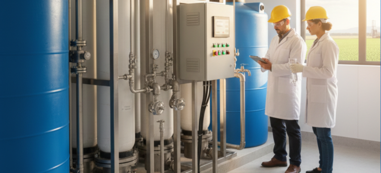 فنيون في مختبر داخلي يراقبون أجهزة الفلترة والخزانات الزرقاء المخصصة لعملية علاج ملوحة مياه الآبار وتحويلها إلى مياه صالحة للاستخدام.