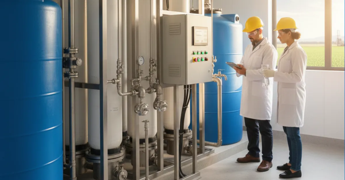 فنيون في مختبر داخلي يراقبون أجهزة الفلترة والخزانات الزرقاء المخصصة لعملية علاج ملوحة مياه الآبار وتحويلها إلى مياه صالحة للاستخدام.