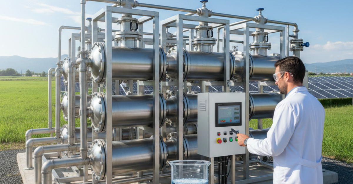 لقطة قريبة لمهندس يشغل لوحة تحكم رقمية لمحطة معالجة تعمل بالطاقة الشمسية تهدف إلى علاج ملوحة مياه الآبار في المناطق النائية.