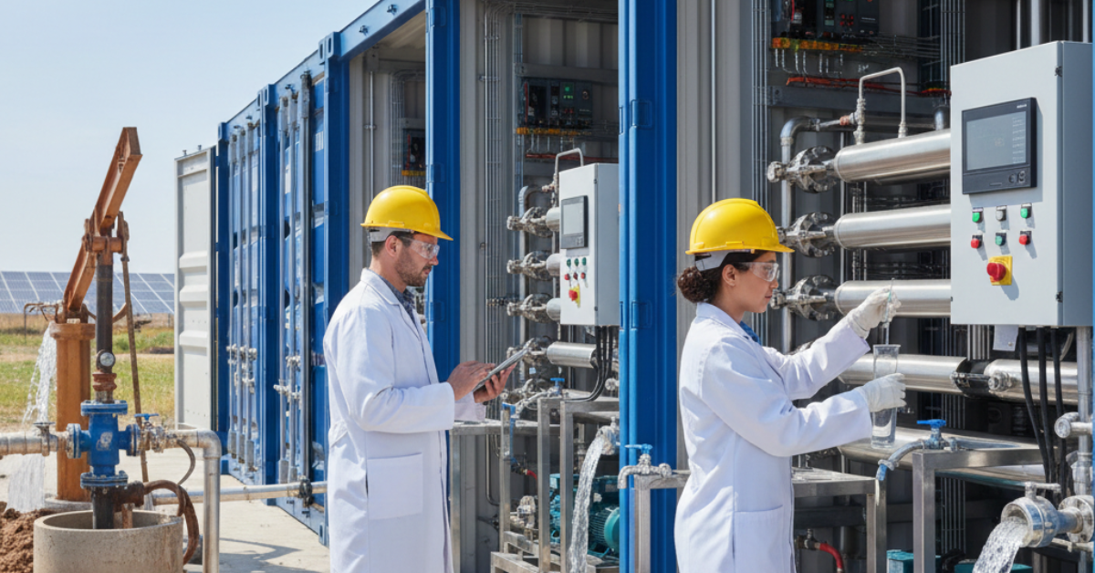 محطة حاويات متنقلة في موقع ميداني تضم وحدات متكاملة لـ علاج ملوحة مياه الآبار مع ظهور ألواح شمسية وفنيين يفحصون عينات المياه.