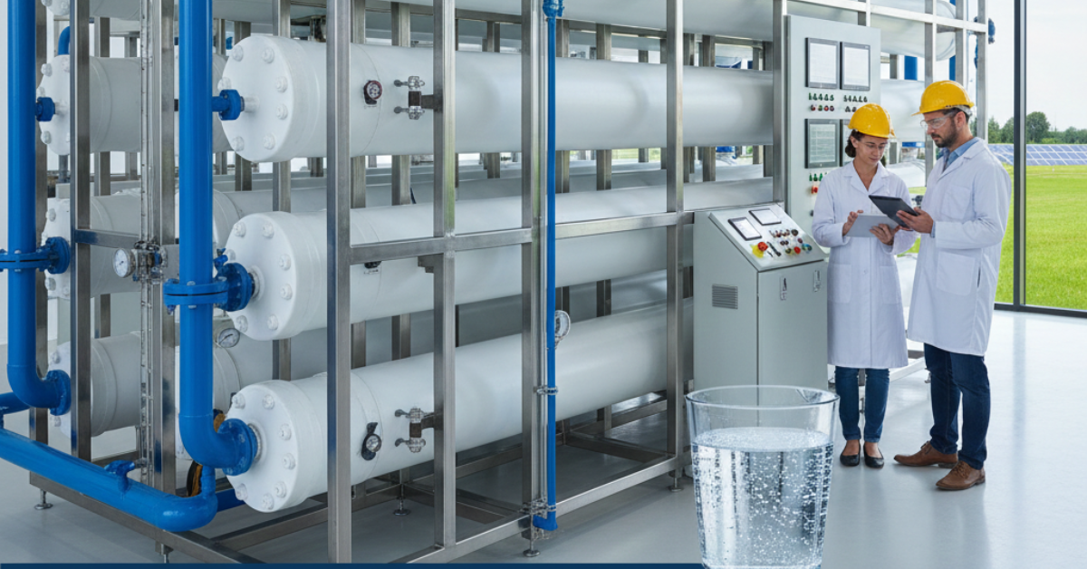 مهندسان في محطة تنقية ضخمة يراجعان بيانات نظام التناضح العكسي المستخدم في علاج ملوحة مياه الآبار للأغراض الزراعية والصناعية.