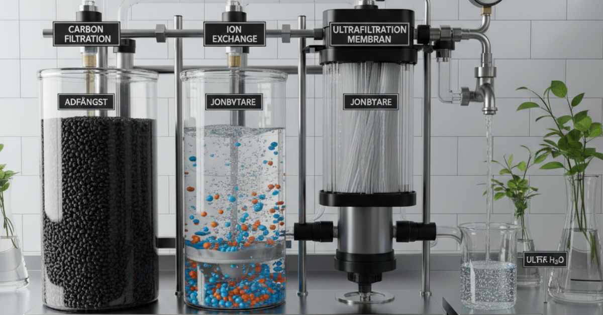 مخطط تفصيلي لعملية معالجة المياه تشمل الفلترة الكربونية، التبادل الأيوني، وغشاء الترشيح الفائق، لتوضيح مزايا وعيوب تنقية المياه في التخلص من الأملاح والمعادن الثقيلة.