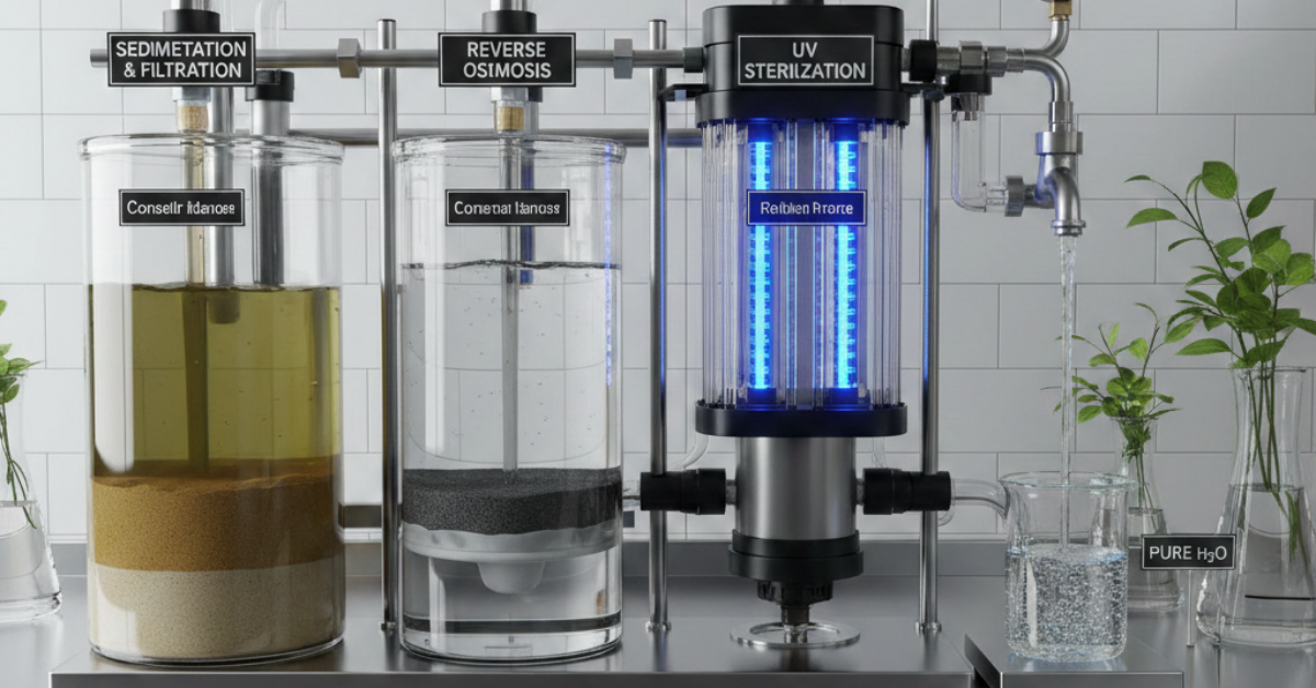 رسم توضيحي لنظام تنقية منزلي يمر بمراحل الترسيب، التناضح العكسي، والتعقيم بالأشعة فوق البنفسجية، مما يبرز مزايا وعيوب تنقية المياه من حيث الكفاءة في إزالة الملوثات الدقيقة.