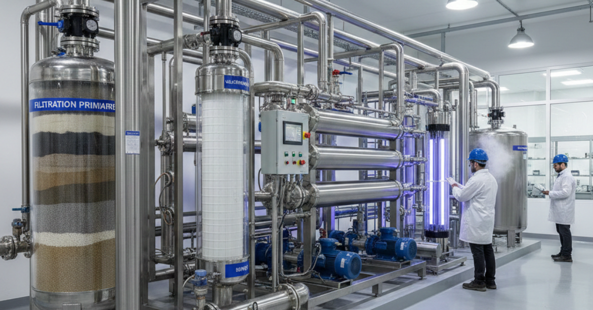 محطة تنقية مياه صناعية ضخمة تعمل بنظام الفلترة المتعددة والأنابيب الفولاذية، حيث تظهر الصورة الجانب التقني واللوجستي عند دراسة مزايا وعيوب تنقية المياه على نطاق واسع للمدن والمصانع.