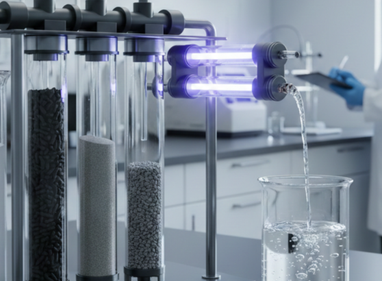 نموذج مخبري لفلترة المياه يظهر طبقات الرمل والكربون النشط مع وحدة إضاءة UV، وهو مثال توضيحي يساعد في فهم مزايا وعيوب تنقية المياه التقليدية مقارنة بالتقنيات الحديثة.