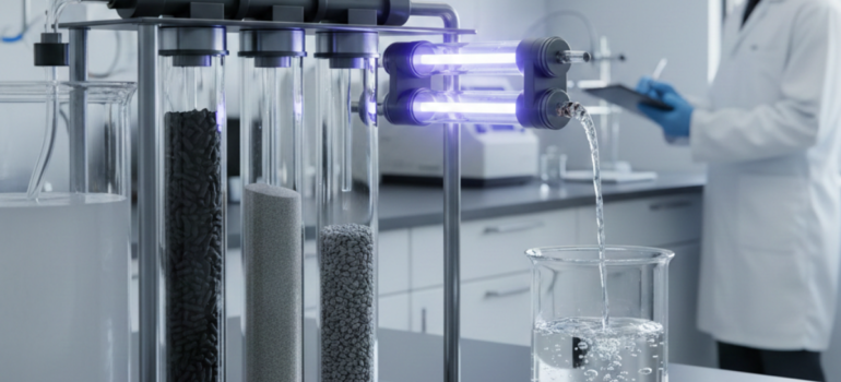 نموذج مخبري لفلترة المياه يظهر طبقات الرمل والكربون النشط مع وحدة إضاءة UV، وهو مثال توضيحي يساعد في فهم مزايا وعيوب تنقية المياه التقليدية مقارنة بالتقنيات الحديثة.