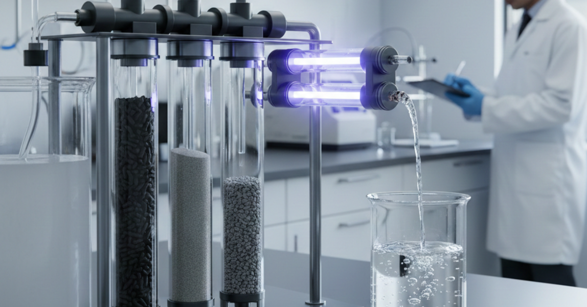 نموذج مخبري لفلترة المياه يظهر طبقات الرمل والكربون النشط مع وحدة إضاءة UV، وهو مثال توضيحي يساعد في فهم مزايا وعيوب تنقية المياه التقليدية مقارنة بالتقنيات الحديثة.