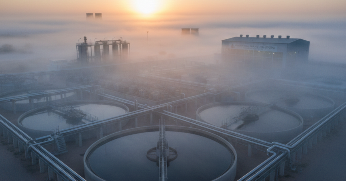منظر علوي لمنشأة معالجة المياه الصناعية يغطيها الضباب الصباحي، تظهر فيها أحواض المعالجة والمباني الإدارية تحت أشعة الشمس البازغة.