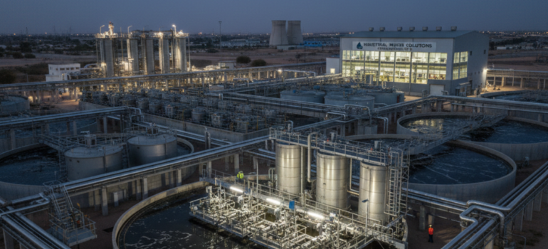 لقطة ليلية مضيئة لمصنع معالجة المياه الصناعية توضح الأنابيب المتصلة والخزانات الفولاذية ونظام الإضاءة في بيئة العمل المسائية.