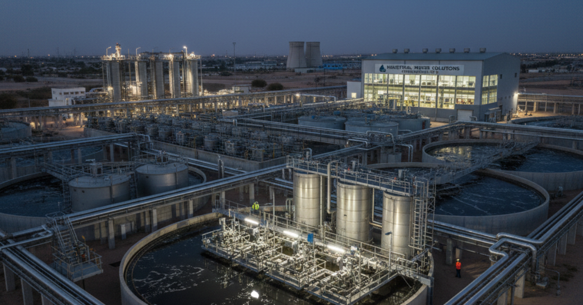 لقطة ليلية مضيئة لمصنع معالجة المياه الصناعية توضح الأنابيب المتصلة والخزانات الفولاذية ونظام الإضاءة في بيئة العمل المسائية.