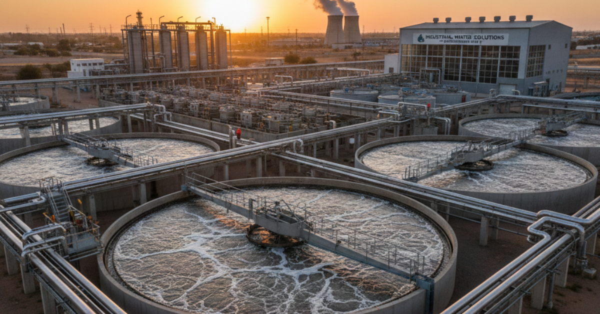 لقطة قريبة لأحواض التهوية في محطة معالجة المياه الصناعية يظهر فيها تدفق المياه والفقاعات الناتجة عن عملية المعالجة الكيميائية أو الحيوية.