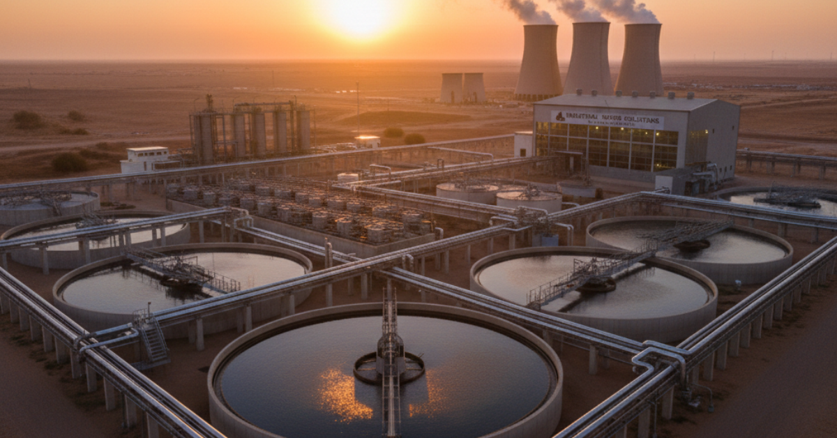 محطة متكاملة لـ معالجة المياه الصناعية تضم أحواض ترسيب دائرية ضخمة مع ظهور أبراج تبريد في الخلفية وقت الغروب.