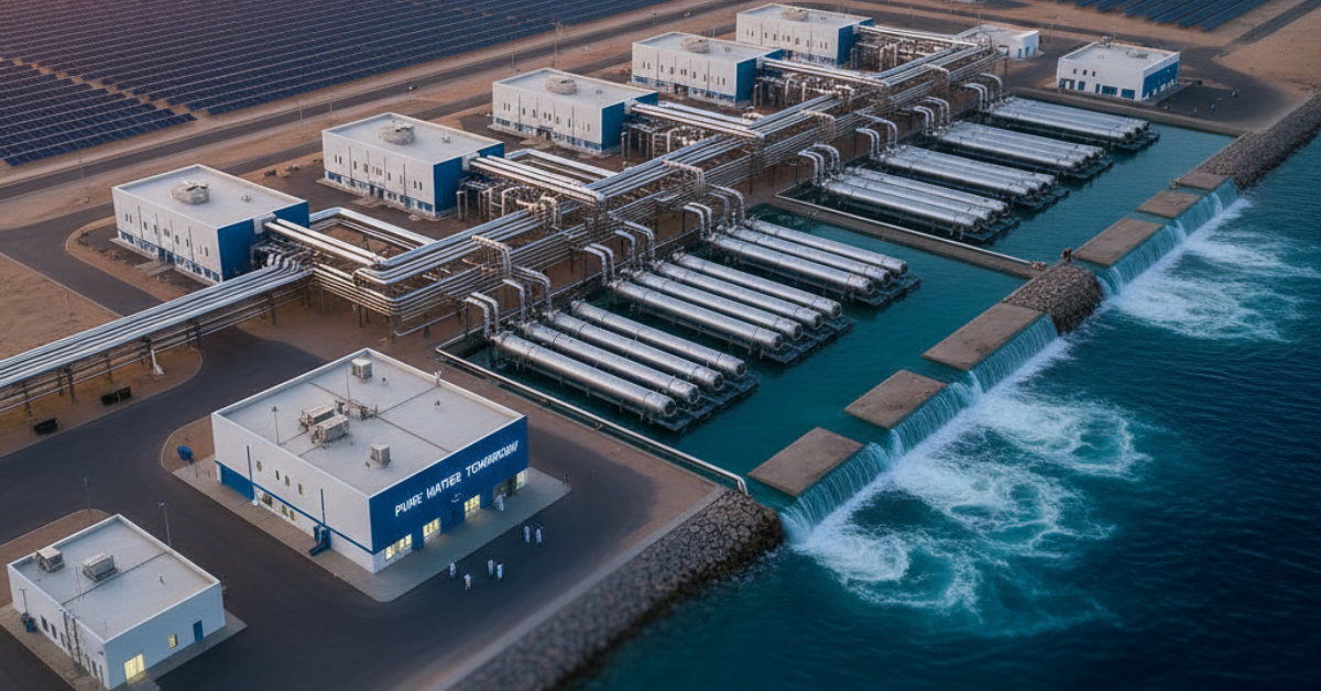 صورة جوية لمحطة تحلية مياه متطورة بجوار مزرعة طاقة شمسية، تسلط الضوء على الاتجاه الحديث لتقليل الانبعاثات، وهي نقطة جوهرية عند المقارنة بين مميزات وعيوب محطات التحلية والبيئة.