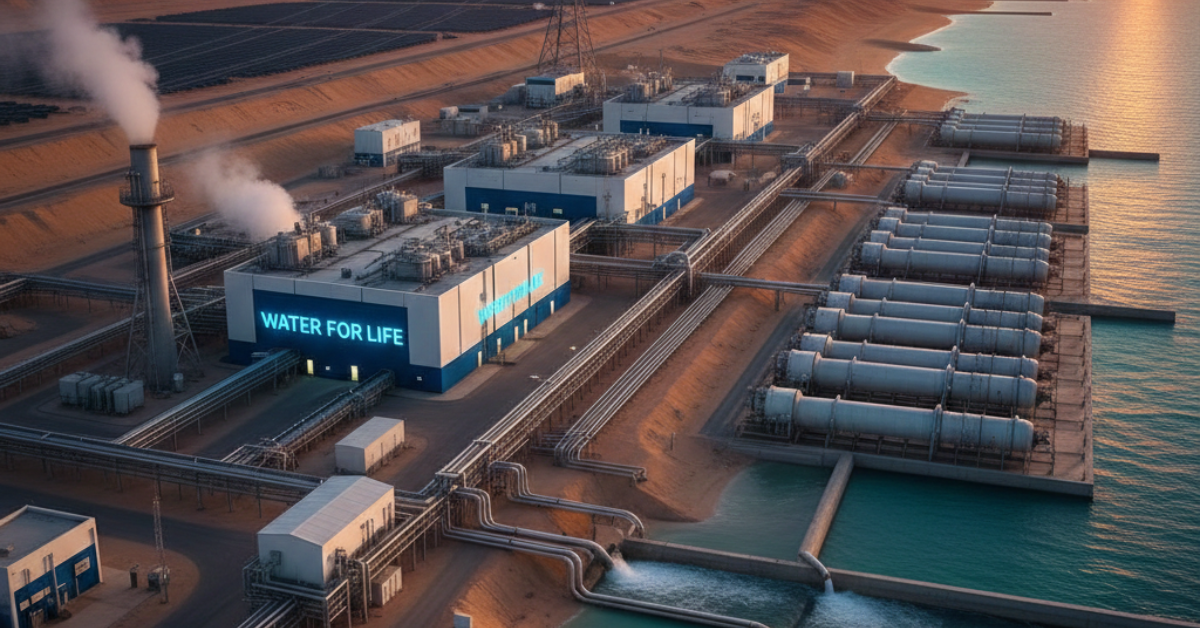 محطة تحلية مياه حديثة في منطقة صحراوية مكتوب عليها "Water for Life"، تظهر فيها الأنابيب الضخمة ووحدات المعالجة، مما يجسد مميزات وعيوب محطات التحلية في توفير الأمن المائي مقابل استهلاك الطاقة.