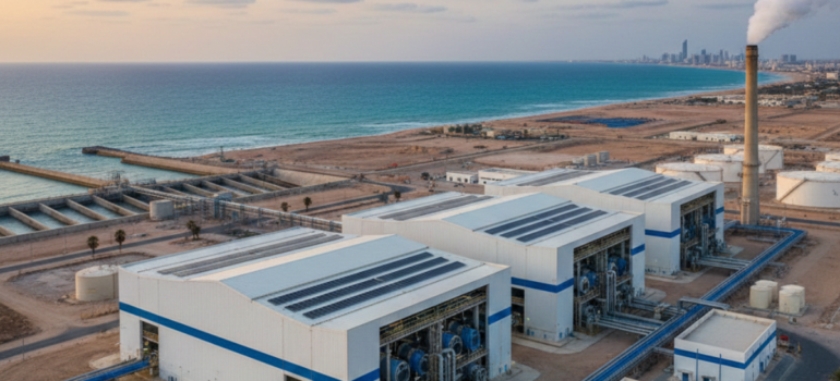 لقطة علوية لمحطة تحلية مياه ضخمة تقع مباشرة على ساحل البحر، توضح البنية التحتية والمباني الرئيسية، وتستخدم عادة عند شرح مميزات وعيوب محطات التحلية من حيث الموقع الجغرافي وتكلفة الإنشاء.