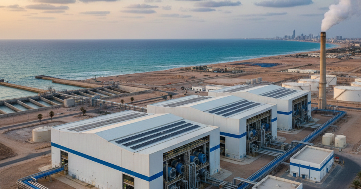 لقطة علوية لمحطة تحلية مياه ضخمة تقع مباشرة على ساحل البحر، توضح البنية التحتية والمباني الرئيسية، وتستخدم عادة عند شرح مميزات وعيوب محطات التحلية من حيث الموقع الجغرافي وتكلفة الإنشاء.