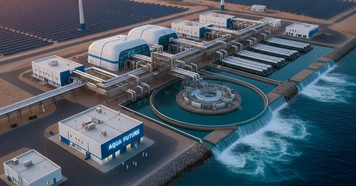 تصميم هندسي متكامل لمحطة تحلية مياه تحمل شعار "Aqua Future" مع قنوات مائية وألواح شمسية، يعكس الجوانب التقنية والابتكارية التي تدخل ضمن تحليل مميزات وعيوب محطات التحلية المستدامة.
