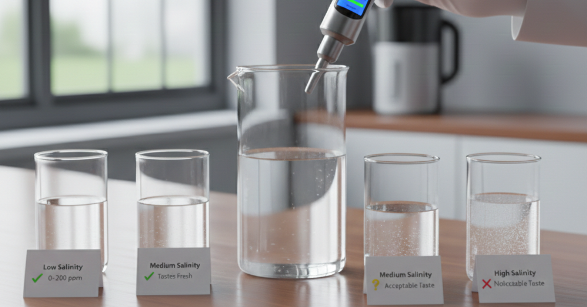 مقارنة بين أربعة أكواب ماء بمستويات ملوحة مختلفة (منخفضة، متوسطة، عالية) مع بطاقات توضيحية تشرح تأثير نسبة الأملاح في مياه الشرب على الطعم.