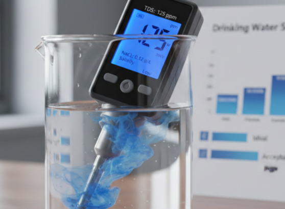 جهاز قياس إلكتروني مغمور في كوب ماء يظهر قراءة 125 ppm لتحديد نسبة الأملاح في مياه الشرب، مع وجود مخطط بياني للمستويات المثالية في الخلفية.