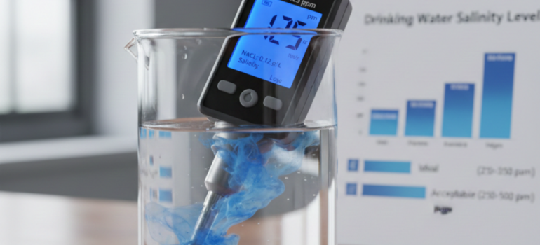 جهاز قياس إلكتروني مغمور في كوب ماء يظهر قراءة 125 ppm لتحديد نسبة الأملاح في مياه الشرب، مع وجود مخطط بياني للمستويات المثالية في الخلفية.
