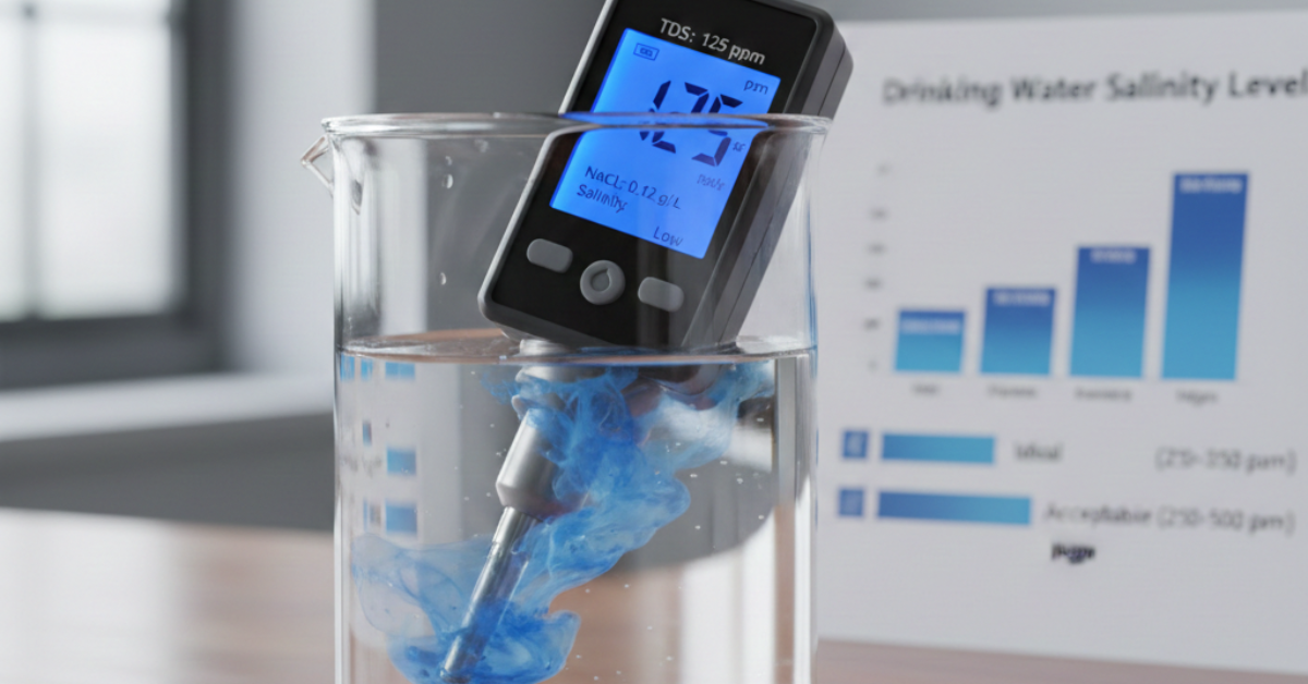 جهاز قياس إلكتروني مغمور في كوب ماء يظهر قراءة 125 ppm لتحديد نسبة الأملاح في مياه الشرب، مع وجود مخطط بياني للمستويات المثالية في الخلفية.