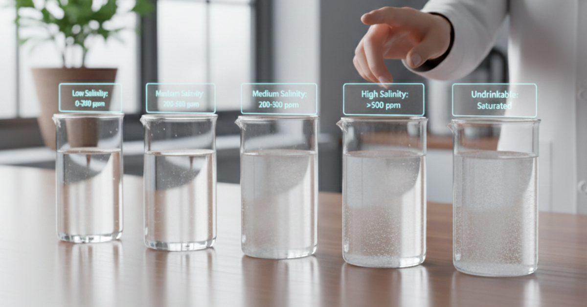 عرض توضيحي لخمسة أكواب زجاجية تظهر تدرج نقاء المياه من الممتازة إلى غير الصالحة للشرب بناءً على ارتفاع نسبة الأملاح في مياه الشرب مقاسة بجزء في المليون (ppm)