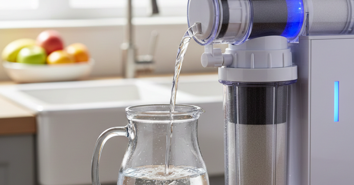 لقطة قريبة لعملية صب مياه نقية في إبريق زجاجي مباشرة من نظام ترشيح مياه الشرب المتميز بتصميم عصري وإضاءة LED زرقاء.