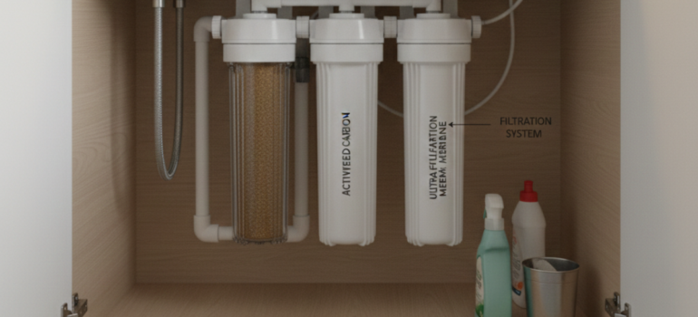 نظام ترشيح مياه الشرب مثبت أسفل الحوض يتكون من ثلاث مراحل تشمل فلتر الكربون النشط وفلتر التقنية الفائقة (Ultra Filtration) لتنقية المياه من الشوائب.