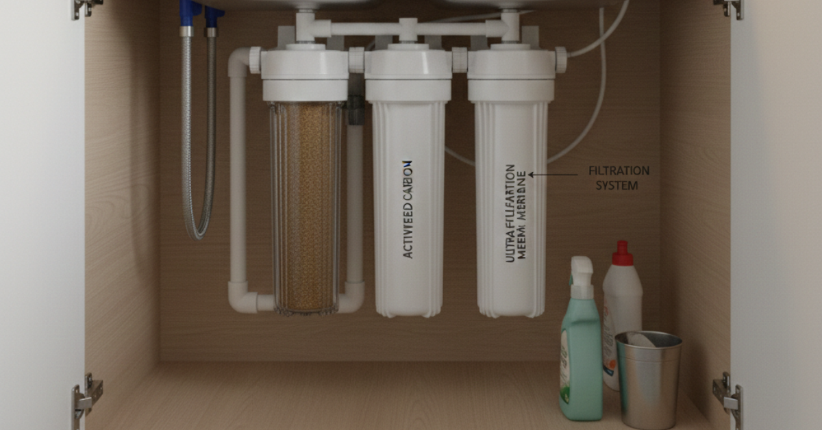 نظام ترشيح مياه الشرب مثبت أسفل الحوض يتكون من ثلاث مراحل تشمل فلتر الكربون النشط وفلتر التقنية الفائقة (Ultra Filtration) لتنقية المياه من الشوائب.