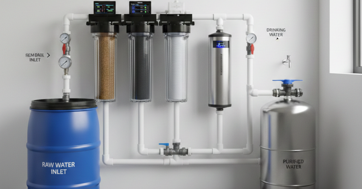 مخطط توضيحي متكامل يظهر نظام ترشيح مياه الشرب المنزلي مع خزانات المياه الخام والمصفاة وفلاتر كربونية متعددة المراحل مزودة بشاشات مراقبة رقمية.