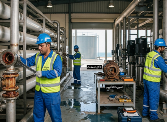 فنيون يقومون بصيانة، أعطال محطات التحلية الشائعة.