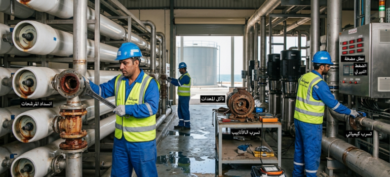 فنيون يقومون بصيانة، أعطال محطات التحلية الشائعة.