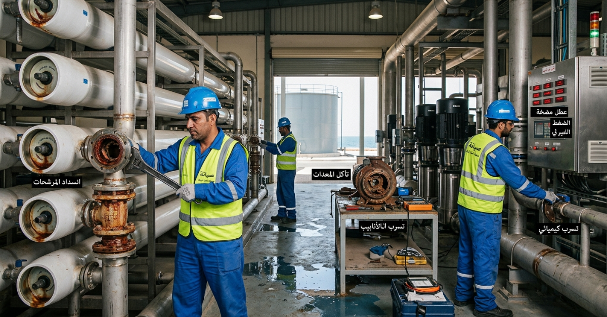 فنيون يقومون بصيانة، أعطال محطات التحلية الشائعة.