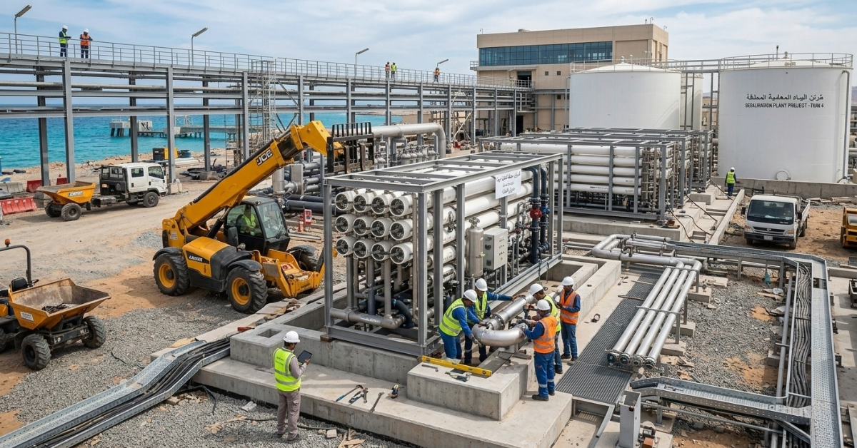فريق فني يقوم بربط التوصيلات النهائية لوحدات معالجة المياه المعقدة، مع ظهور رافعة شوكية (JCB) وخزانات ضخمة تحت إشراف أفضل شركة تركيب محطات تحلية.