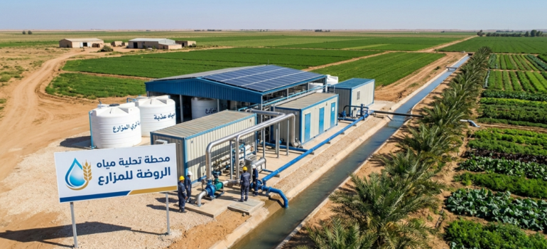 لقطة علوية تظهر أفضل محطة تحلية مياه للمزارع متكاملة بنظام الحاويات (Containerized)، مزودة بألواح طاقة شمسية وخزانات مياه عذبة لري مساحات زراعية شاسعة بكفاءة عالية.