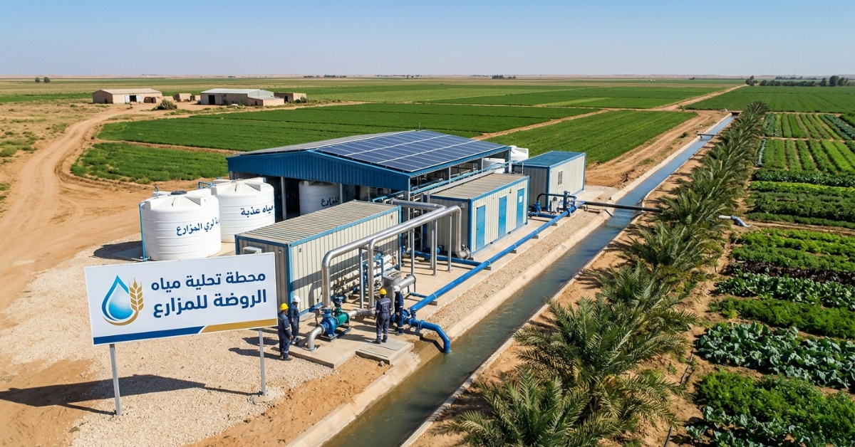 لقطة علوية تظهر أفضل محطة تحلية مياه للمزارع متكاملة بنظام الحاويات (Containerized)، مزودة بألواح طاقة شمسية وخزانات مياه عذبة لري مساحات زراعية شاسعة بكفاءة عالية.