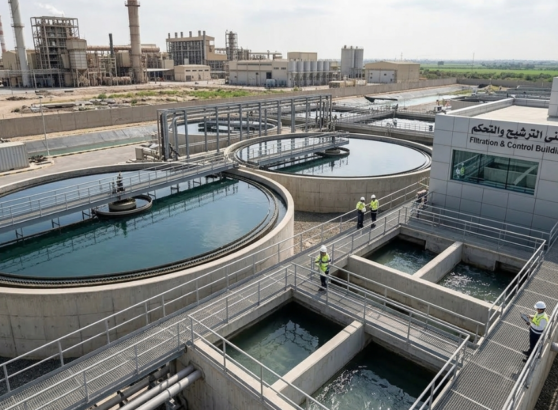 لقطة علوية لمبنى الترشيح والتحكم وأحواض الترسيب النهائية، توضح الدقة في تصميم محطات معالجة مياه الصرف الصناعي الحديثة.