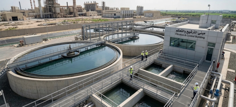 لقطة علوية لمبنى الترشيح والتحكم وأحواض الترسيب النهائية، توضح الدقة في تصميم محطات معالجة مياه الصرف الصناعي الحديثة.